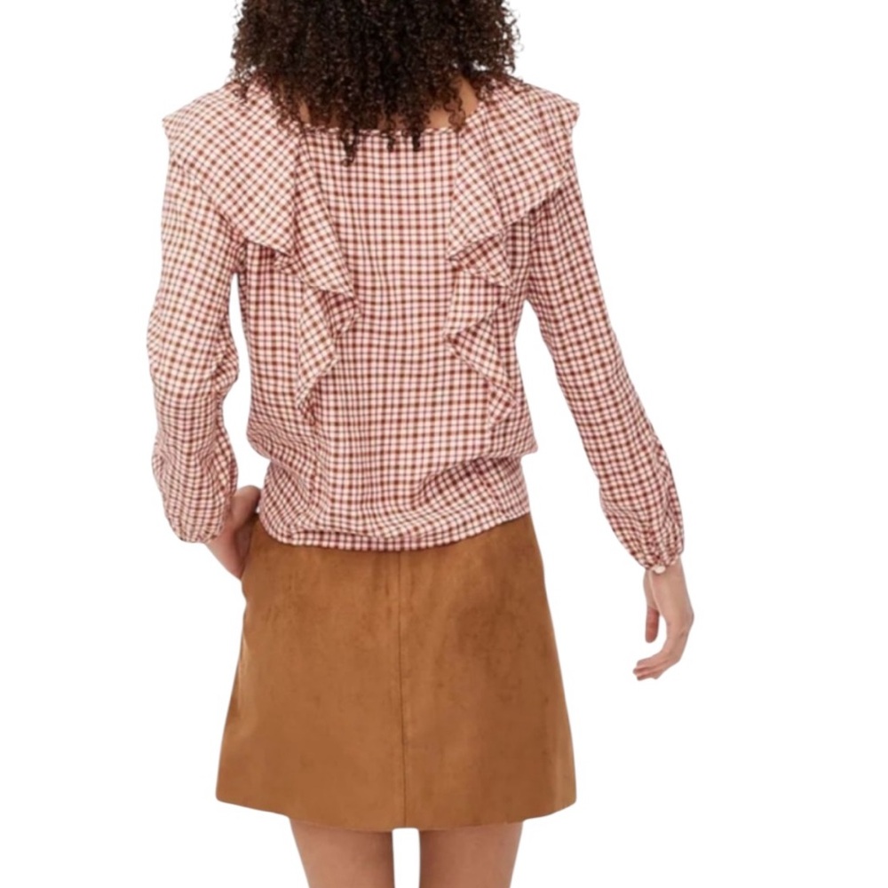 J. Crew Dusty Ivory Brick Red Flannel Gingham Blouse with Ruffle Detail - Picture 3 of 12